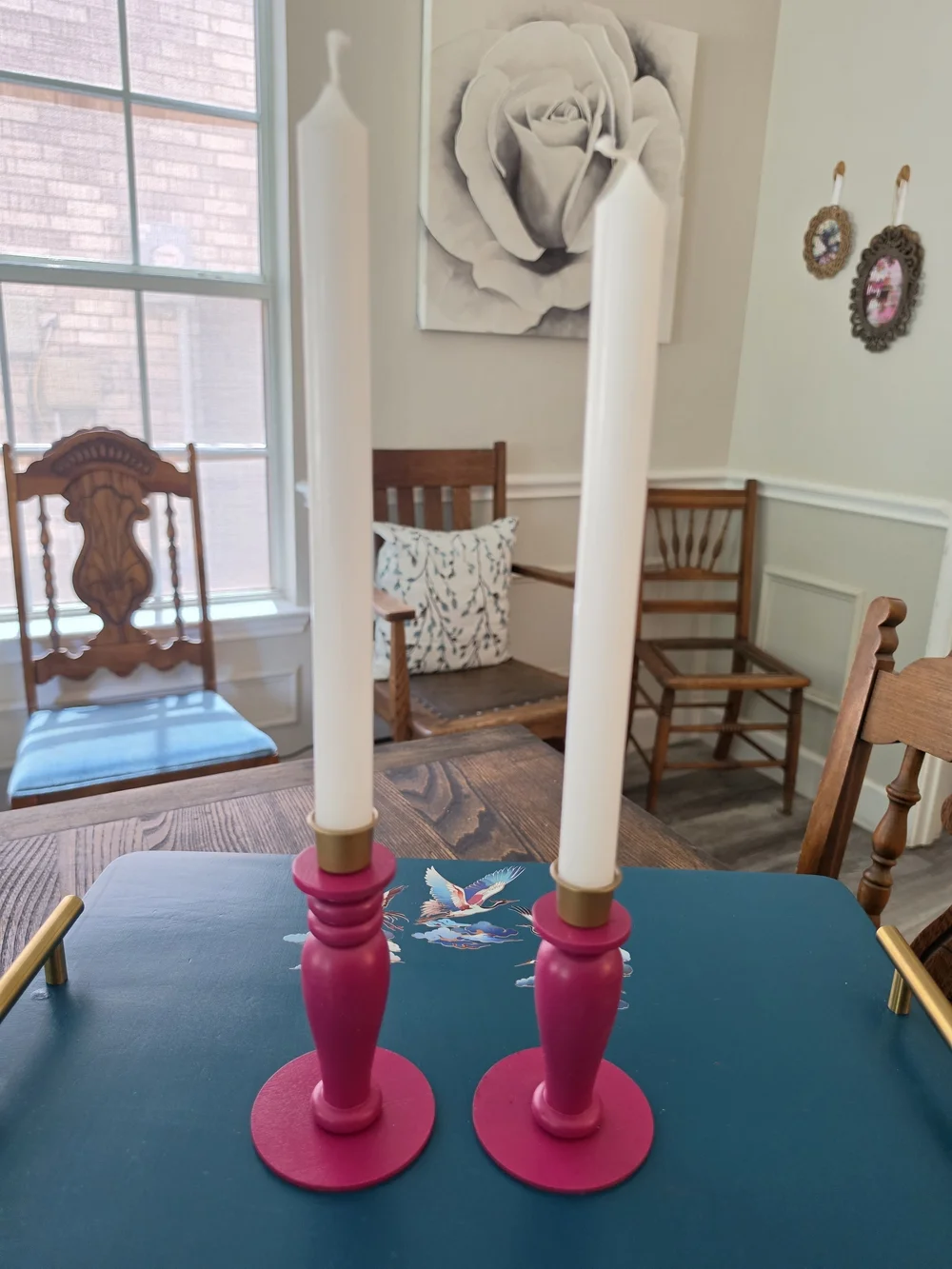 Set of 2 Wood Taper Candle Holder Candlesticks Pink Painted Gold Metal Cups 5in